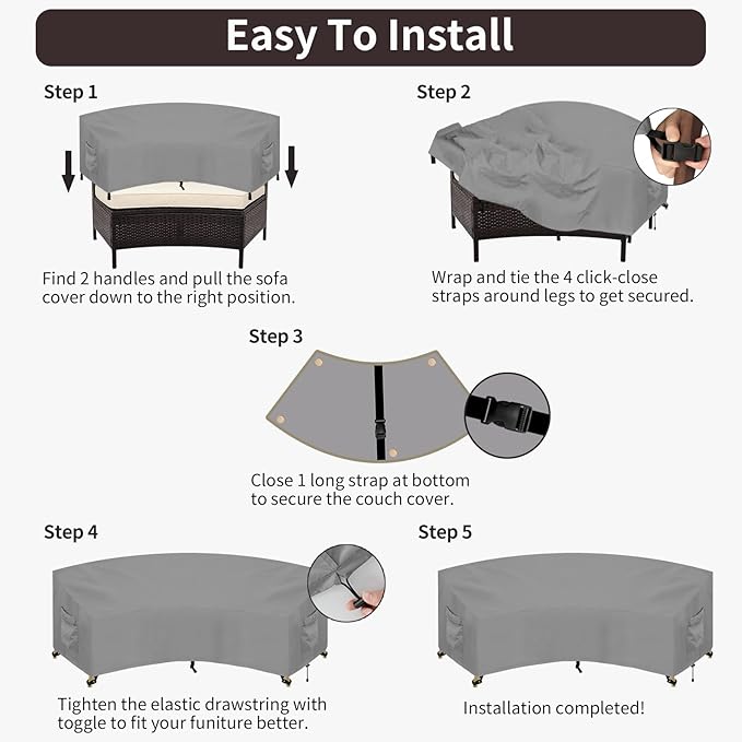 PureFit Outdoor Sectional Sofa Cover Waterproof Curved Patio Furniture Covers for Deck, Lawn and Backyard, 120Lx36Dx38Hx82FL, Grey