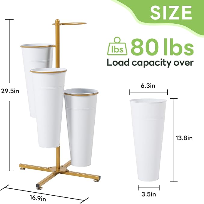 Flower Bar Stand with 4 Metal Buckets, 4 Tier Flower Display Stand, Rotatable Flower Cart Iron Plant Stand for Wedding or Florist Decor, Upgrade Metal Bucket Durable than Plastic Bucket