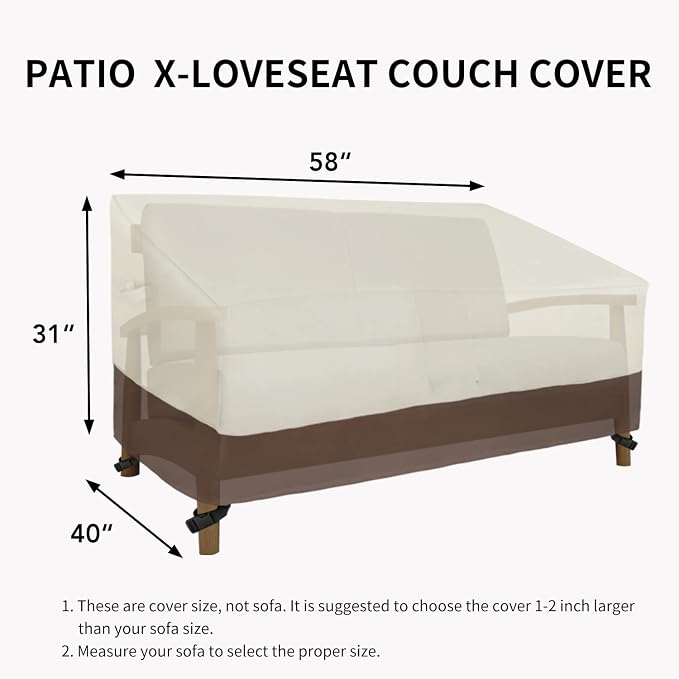 Easy-Going Waterproof Outdoor Loveseat Cover, Heavy Duty 2-Seater Patio Couch Cover, Windproof Outdoor Furniture Protector with Air Vent (58Wx40Dx31H inch, Beige/Dark Brown)