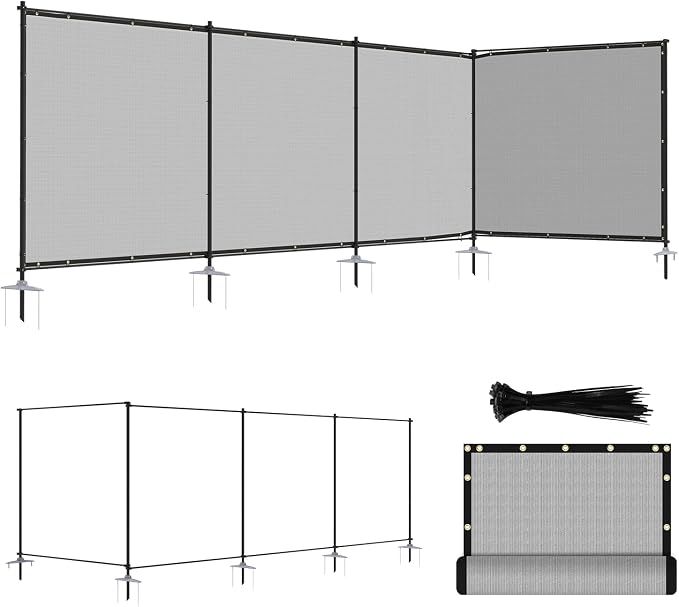 ECOOPTS 6'Hx27'L Privacy Fence Set with Poles and Rails Ground Spikes Fence Kit for Patio Garden Pool Yard (Light Gray)