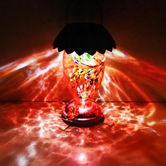 Solar Hummingbird Feeder for Outdoors Hanging Colorful Lighting 32 Oz Hand Blown Glass Hummingbird Feeder for Garden Decoration with Accessories (Red)