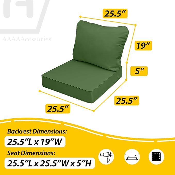 AAAAAcessories Outdoor Seat Cushions for Chairs, Fade-Resistant, Waterproof Patio Furniture Replacement Cushions, 25.5" x 25.5" x 5" + 25.5" x 19", Dark Moss Green