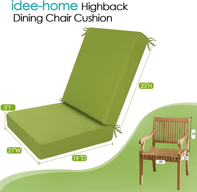 idee-home Outdoor Patio Dining Chair Cushion, High Back Density Foam Chair Cushions Seat with Removable Cover, WeatherResistant Indoor Deep, Green