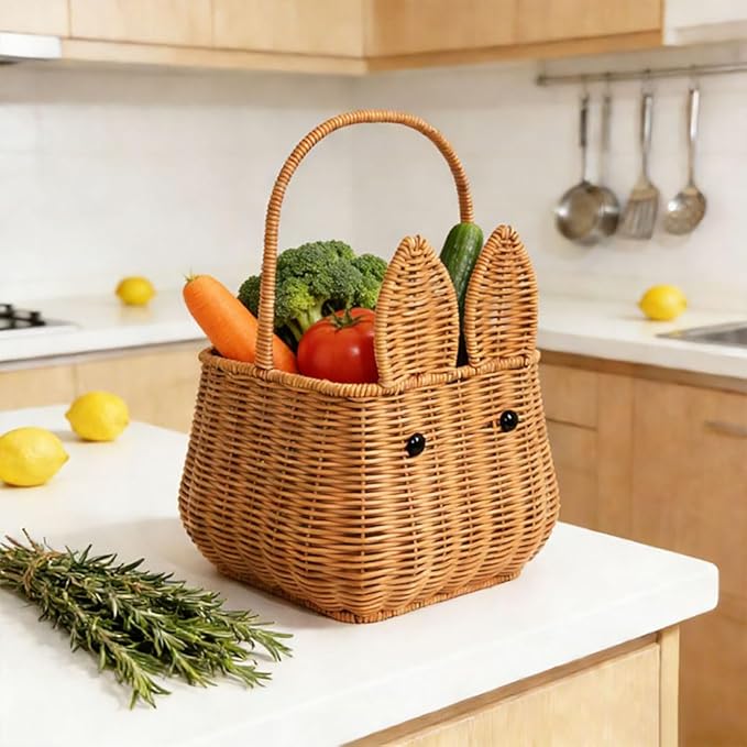 Picnic Basket, Garden Harvest Basket, Wicker Shopping Baskets with Fixed Handle, Reusable Handwoven Market Baskets for Carrying Shopping Storage Gathering (Brown, Bunny Ears)