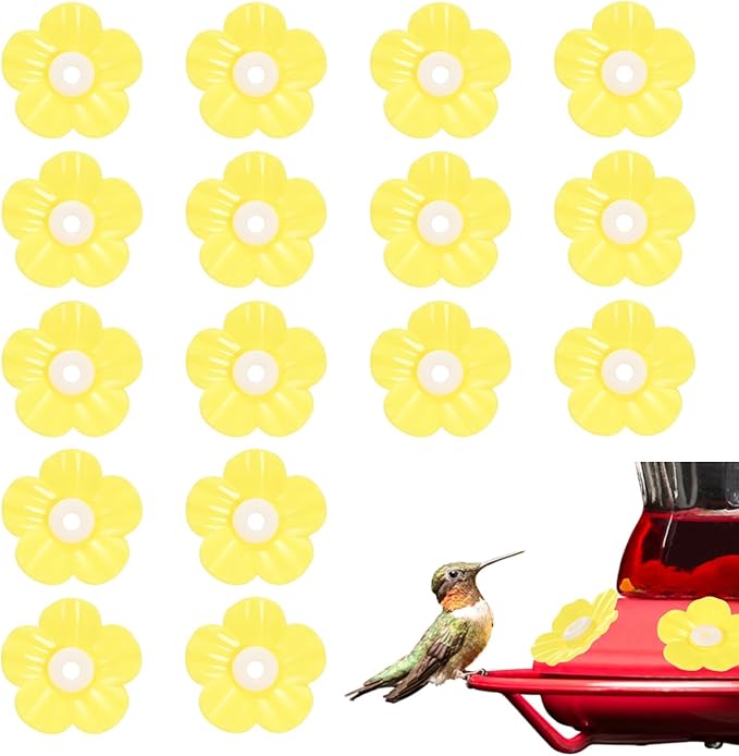 M METERXITY 16-Pack Hummingbird Feeder Replacement Flowers, Plastic Pet Hummingbird Feeding Parts Feeding Ports for Outdoor Hanging Feeders, Bees Guards [Yellow]
