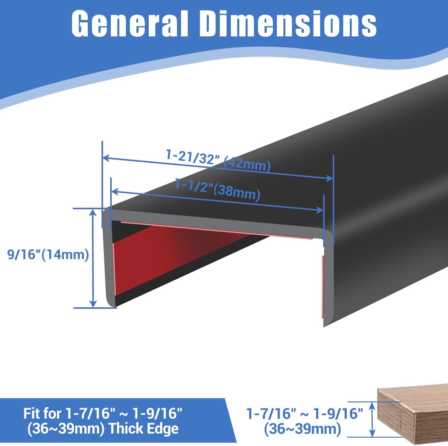 Rubber Edge Trim, 1-1/2 inches Self-Adhesive U Channel Edge Protector for Woods, Flexible U Shaped Peel and Stick Edge Banding, Edge Guard, Fit 1.5"(38mm), 10Ft, Black