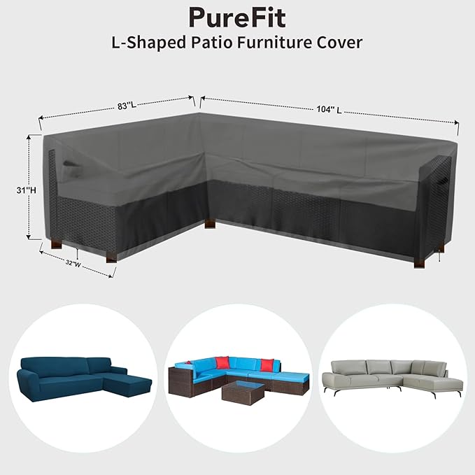 PureFit Outdoor Sectional Sofa Cover Waterproof L Shaped Patio Furniture Covers for Deck, Lawn and Backyard, 83”x104” Left Facing, Black