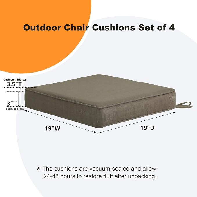 Unimatta Square Corner Seat Cushions, 19" x 19" x 3", Set of 4, Indoor Outdoor Water Repellent Universal Chair Pads with Ties for Patio Furniture, Garden Dining Chairs, Coffee Brown