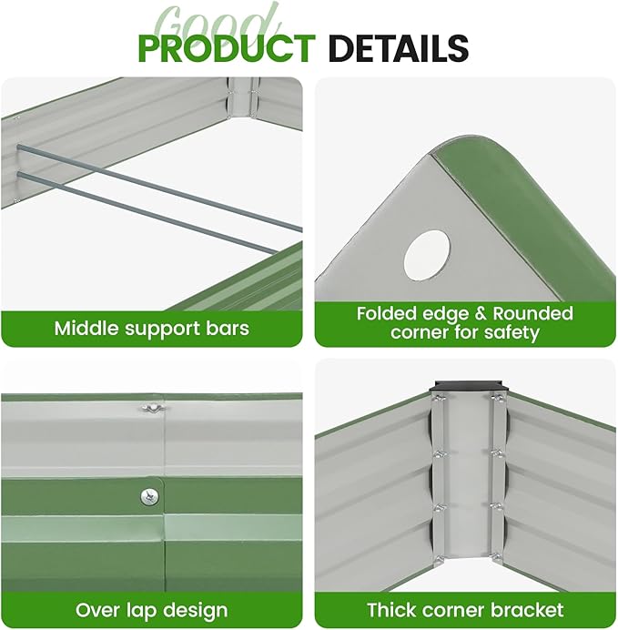 G GOOD GAIN 8x4x1ft Galvanized Raised Garden Bed, Heavy-Duty Metal Planter Boxes Outdoor for Vegetables Flowers Herbs, Olive Green(2 Pack)