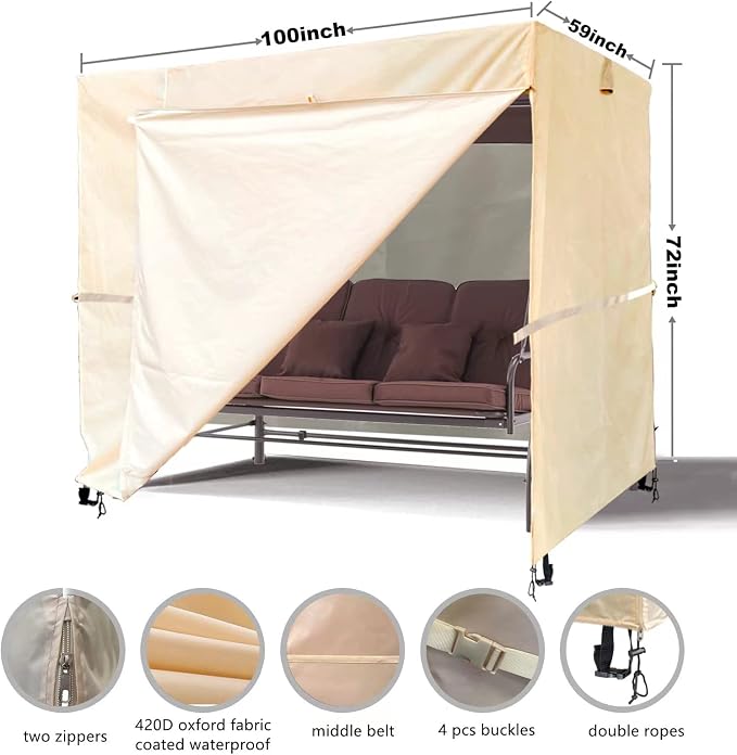 Ourdoor Swing Cove, 3 Triple Seater Hammock Cover Garden Swing Cover Garden Hammock Glider Chair Cover Outdoor Swing Cover UV Resistant Swing Canopy Cover(100 * 59 * 72) inch Beige