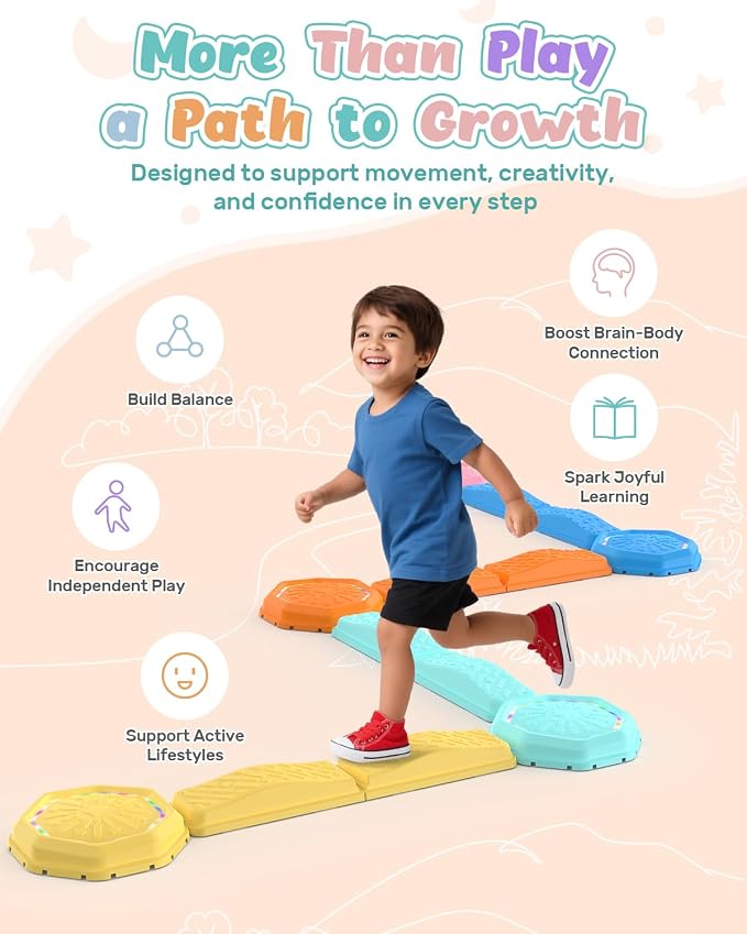 Holyton Balance Beam and Stepping Stones for Kids – 13PCS Light Up & Musical Toddler Balance Beam Obstacle Course, Non-Slip Sensory Toys for Toddlers 3-8, Indoor Outdoor Play, Gift for Boys Girls