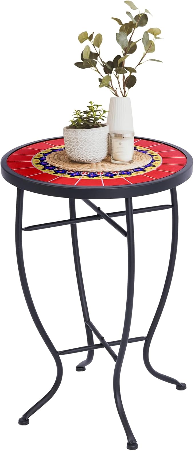 Elevon 14 Inch Round Side Ceramic Tile Top Indoor and Outdoor Accent Table, Sun