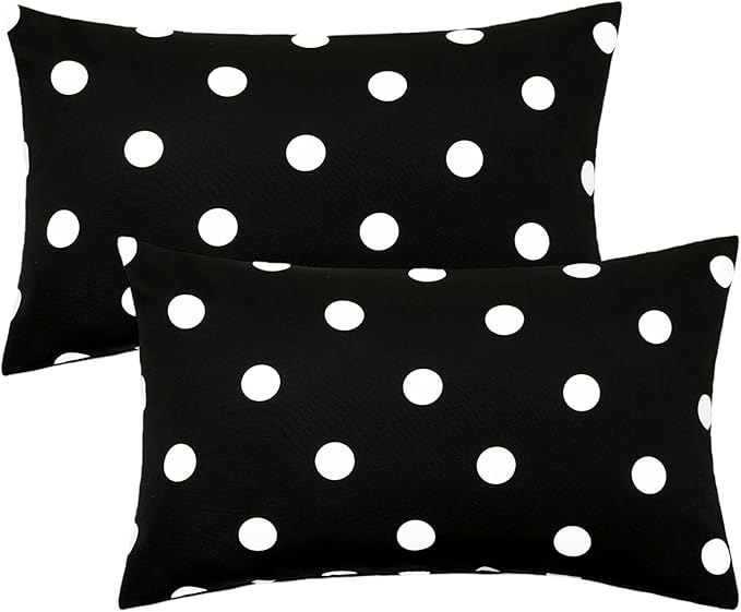 SquarePie Pack of 2 Outdoor Lumbar Pillow Covers Waterproof Decorative Throw Pillowcase Patio Cushion Covers Cases for Spring Garden Couch Balcony Bench Sofa,12x20 inch Black Polka Dot