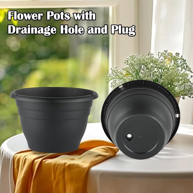 RooTrimmer 5 Pack 10 Inch Plant Pots Plastic Planters with Drainage Holes & Plugs,Lightweight Flower Pots for Indoor Outdoor Plants,Flowers,Monstera,Snake Plant,Home Garden(Black)
