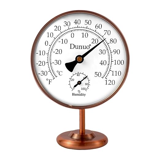 4" Indoor Outdoor Thermometer Hygrometer, Analog Temperature Humidity Gauge with Stand, Antique Copper Tabletop Decor for Home, Bedroom, House, Greenhouse, Battery-Free, Dual Scale(℃/℉)