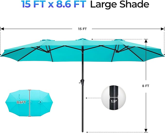 SUPERJARE 15FT Outdoor Umbrella for Patio, Double sided Pool Umbrellas with Fade Resistant Canopy, Large Table Umbrella for Deck, Market, Backyard - Light Blue(No Base)