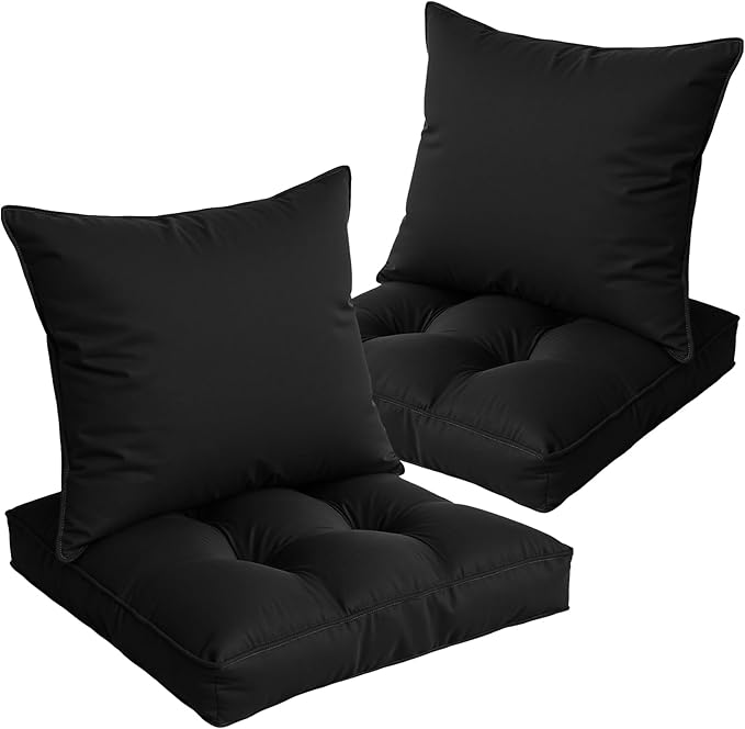 22x22 Waterproof Outdoor Chair Cushions Set of 2, Patio Cushions for Outdoor Furniture Water-Resistant & Fade-Resistant, Deep Seat & Back Cushion for Wicker Sofa (Black)