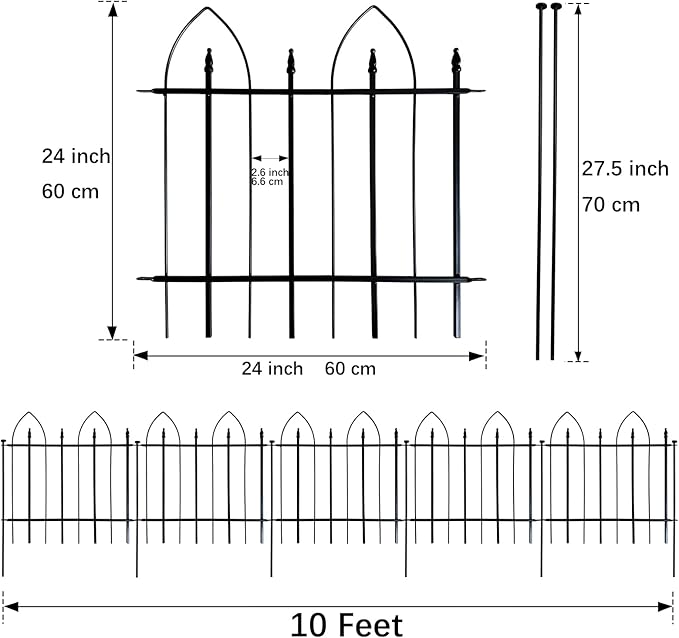 Thealyn Garden Fence 24" H x 24" W (5 Panels, Total 10 ft), Metal Fence Decorative Border Fence, Rustproof Landscape Fencing for Dog, Flower Bed, Yard, Patio, Animal Barrier