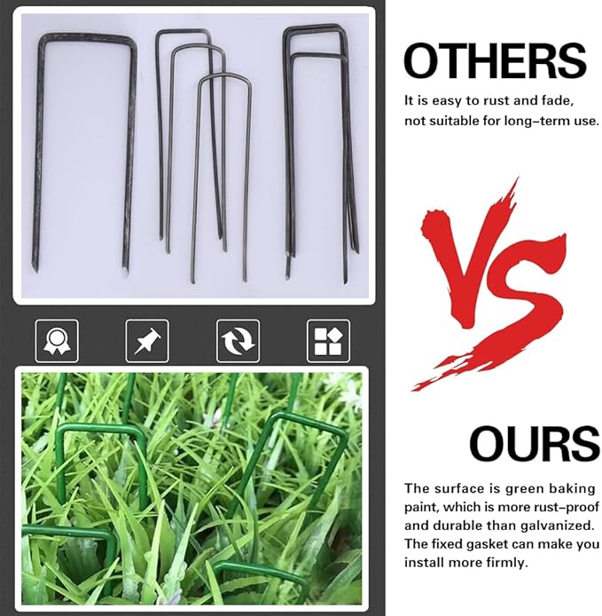 Bakulyor 100pcs Green Artificial Turf Stakes Staples + 100pcs Buffer Washer, 6 Inch 11 Gauge Landscape Staples, Galvanized Lawn Spikes, Heavy Duty Yard Ground Pin for Grass Weed Barrier Sod Fabric
