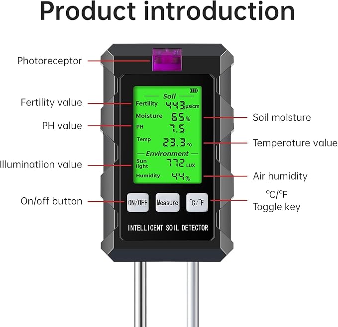 6-in-1 Soil Moisture Meter, Soil Tester for Plants with Soil Moisture, PH Meter, Temperature, Sunlight, Fertility, Environmental for Farming, Gardening (2*AAA Battery Needed)
