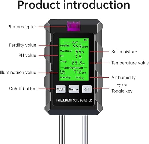 Soil Test Kit, 6-in-1 Soil Moisture, PH, Fertility Meter with Digital Soil Temp, Air Temp and Humidity, Dual Screen Tester for Plants, Lawn, Farm, Indoor and Outdoor(2*AAA Battery Needed)