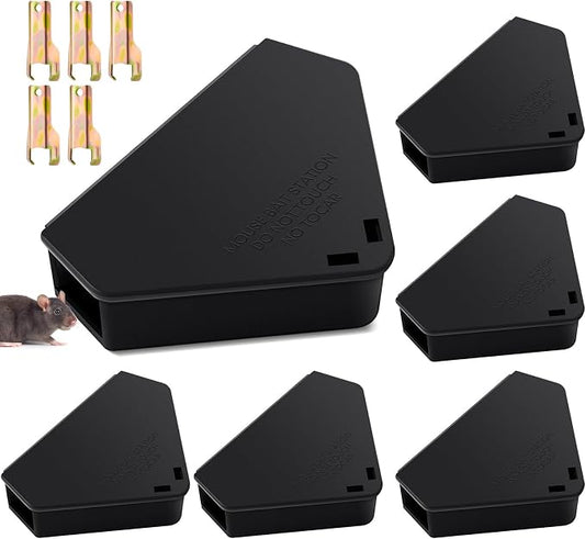 Qualirey 6 Pcs Mice Station with Key Triangle Mouse Station Lockable Reusable Bait Box, Enclosed Design for Indoor and Outdoor Use, Suitable for Small Mice (Black)