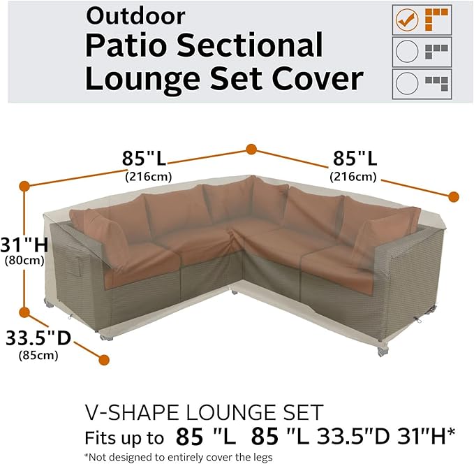 Outdoor Sectional Cover, Heavy Duty Patio Furniture Cover, 85"X85" 5-Seater Waterproof 600D Patio Sectional Covers, 7 FT V-Shaped L-Shape Lawn Outdoor Furniture Covers, Natural Beige