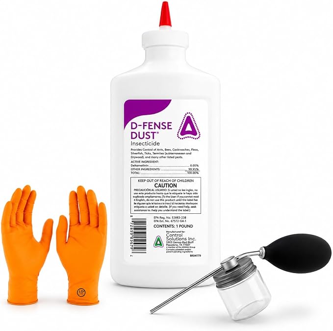 Defense Dust Insecticide – Long-Lasting, Moisture-Resistant Pest Control for Indoor & Outdoor Use (1 lb) | Includes Puffer | Premium USA Supply Gloves for Safe Eradication