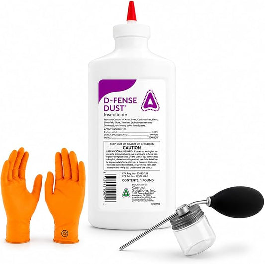 Defense Dust Insecticide – Long-Lasting, Moisture-Resistant Pest Control for Indoor & Outdoor Use (1 lb) | Includes Puffer | Premium USA Supply Gloves for Safe Eradication