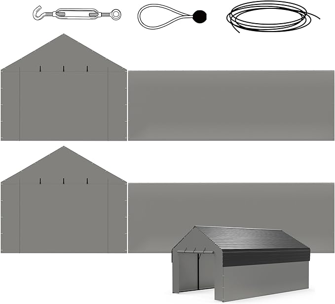 Metal Carport Replacement Sidewall Panel Kit for 12x20 FT, 2 Pack Sidewalls & 2 Pack Zipper Doors,220g PE Tarp, Roll-Up Carport Door Panels, Waterproof UV Resistant, Frame Not Included,Grey