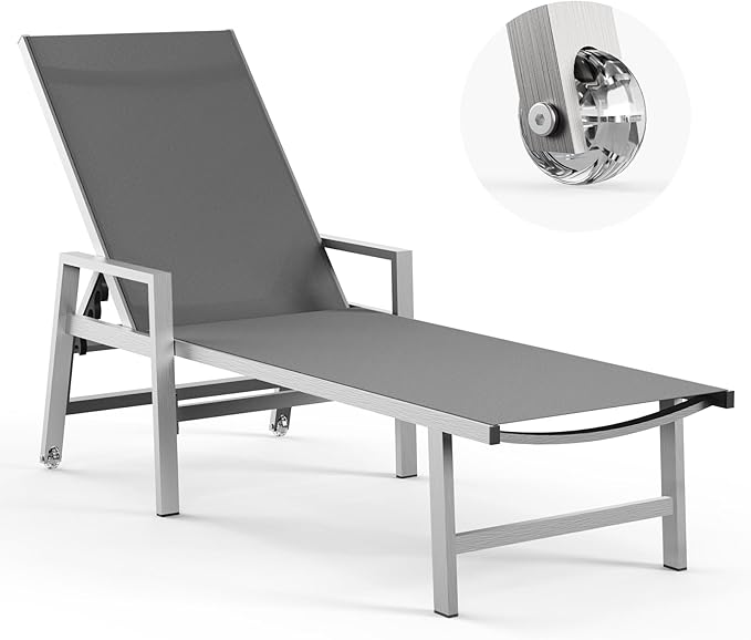 Vexwalx Patio Chaise Lounge Chair Outdoor with Wheels&Armrests, Aluminum Pool Lounge Chairs 5-Position Adjustable Recliner, Outdoor Beach Lounge Chairs for Poolside, Patio, Deck, Yard, Dark Gray