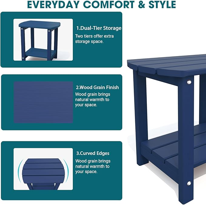 THOEOE Adirondack Outdoor Side Table, 2-Tier Sturdy Patio End Table Weather Resistant, Morden Side Table for Patio, Pool, Porch, Navy Blue