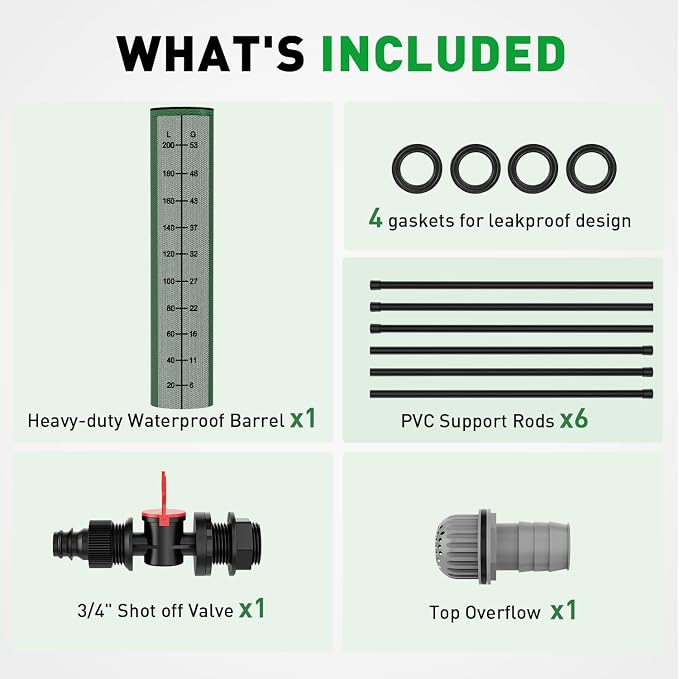 Yesker Collapsible Rain Barrel, 53 Gallon Portable Rainwater Collection System, 550D PVC Water Storage Tank, Rain Catcher with Spigots Filter Overflow Kit, Green