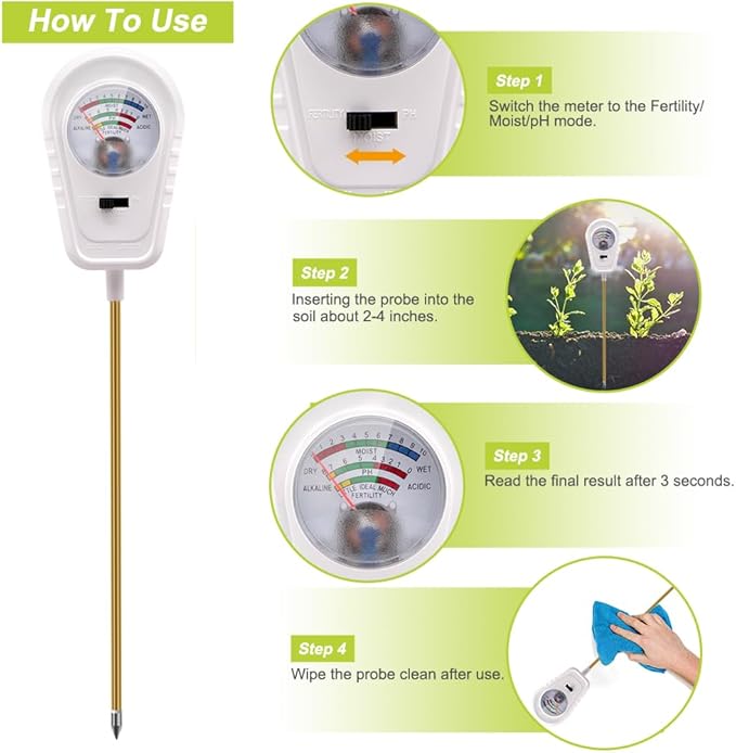 Soil Test Kit, 3-in-1 Soil PH Meter, Soil Moisture Meter, Fertility Soil Tester, pH Meter for Soil, Soil Tester for Garden, Farm, Lawn, Indoor & Outdoor Use