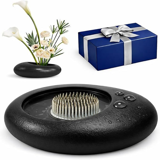 Flower Frog Vase Kit – Japanese-Inspired Arita-Style Glazed Ceramic Ikebana Vase with Kenzan & Gift Box, for Floral Arranging, Home & Office Decor, Relaxing Ambience (Black Small)