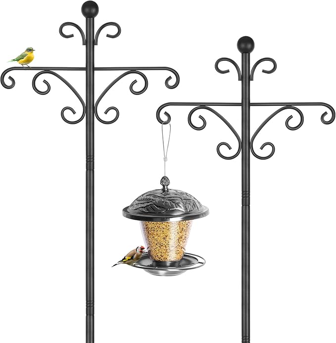 Bird Feeders Hanging Station, 196cm Wild Bird Feeder Poles and Hangers, Free Standing Feeding Station for The Garden, Heavy Duty Metal Double Shepherds Crooks Hooks for Lights Stand, Black, 2 Pack