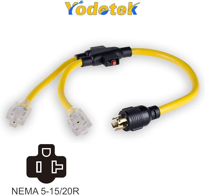 Yodetek 3 FT Generator Cable Adapter with Circuit Breaker, Generator Distribution Cord, 10 Gauge 4 Prong Extension Cord Splitter, L14-30P to (2) 5-15/20R…