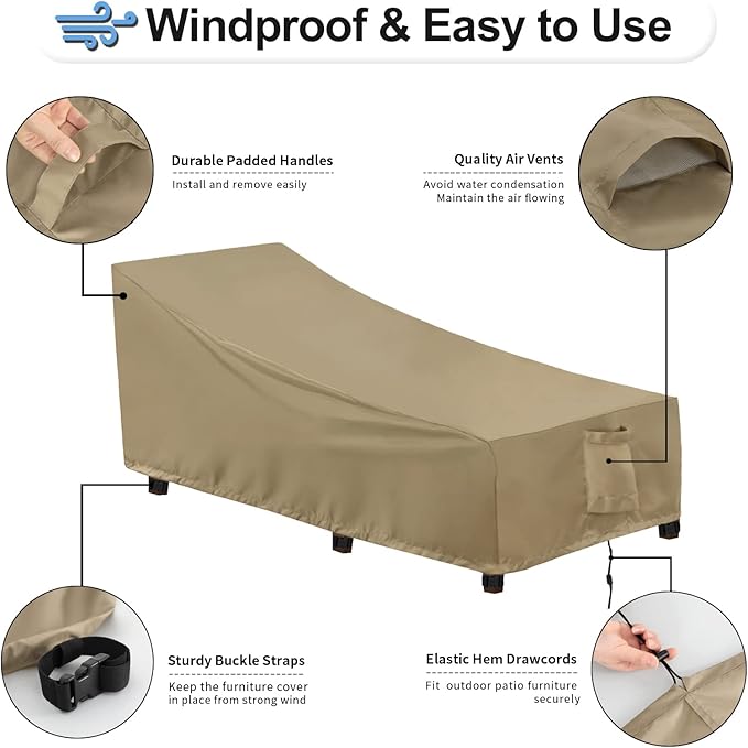 OutdoorLines Outdoor Waterproof Patio Chaise Lounge Chair Cover - UV Resistant Lounger Covers Heavy Duty Weatherproof Patio Sofa Furniture Covers, 1 Pack, 78Wx35.5Dx33H Inches, Camel