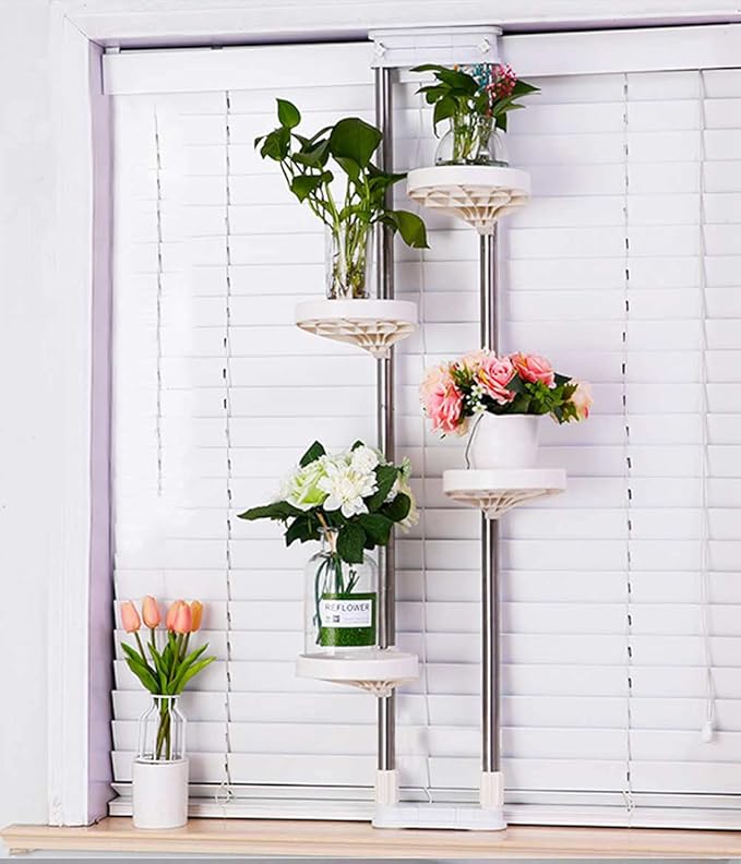 BAOYOUNI Indoor Window Plant Stand Metal Double Pole Storage Shelf Flower Pot Display Rack Holder Planter Extention Rods Home Decor with 4 Adjustable Trays - Ivory
