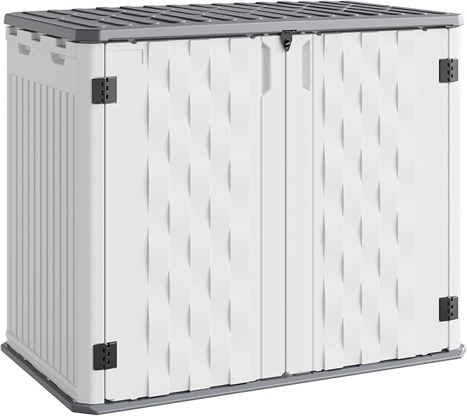 Outdoor Storage Cabinet, 34 Cu ft Outdoor Trash Can Storage Waterproof, Outdoor Resin Storage Cabinet for Patio Tools, Lawn Mower, Garbage Cans