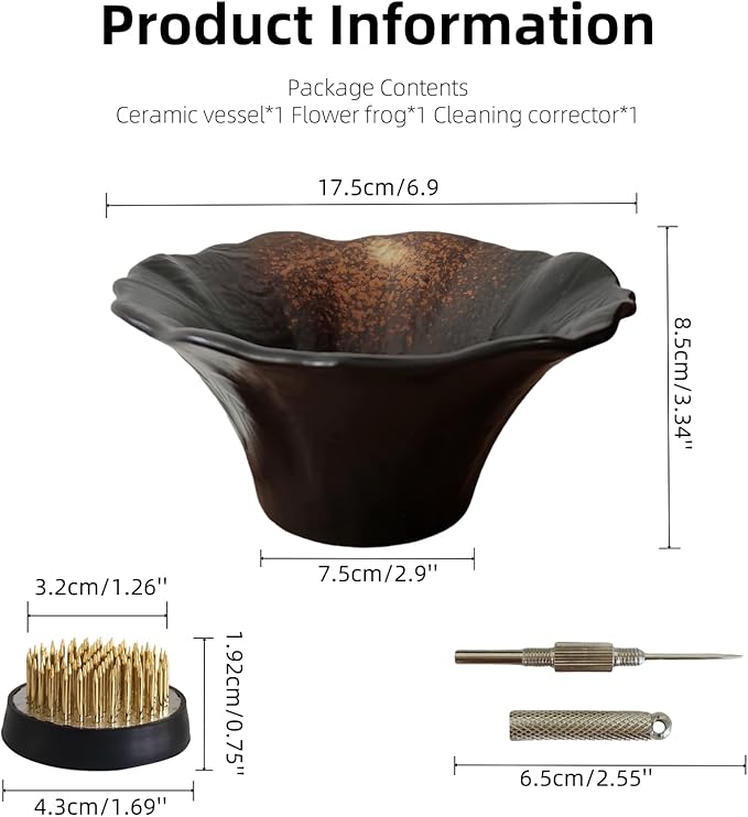 Japanese Ceramic Ikebana Kit, Floral Shaped Vase Arranging Supplies, Black Arrangement Bowl with Flower Frog Pin Cleaning Needle (High)