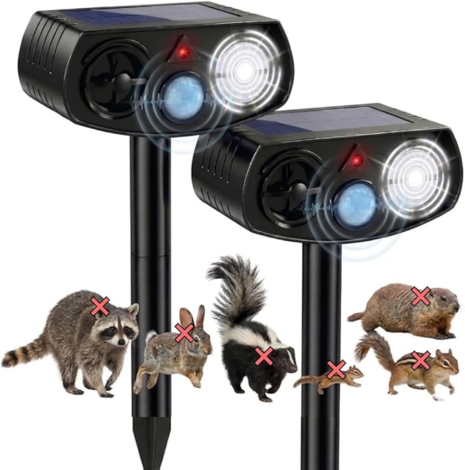 AWISH Solar Ultrasonic Animal Repeller Outdoor, Motion Sensor Waterproof Pest Deterrent, Raccoon Skunk Squirrel Gopher Rabbit Dog Repellent for Yard Garden Farm, 40ft 120° Coverage, 2 Pack Black