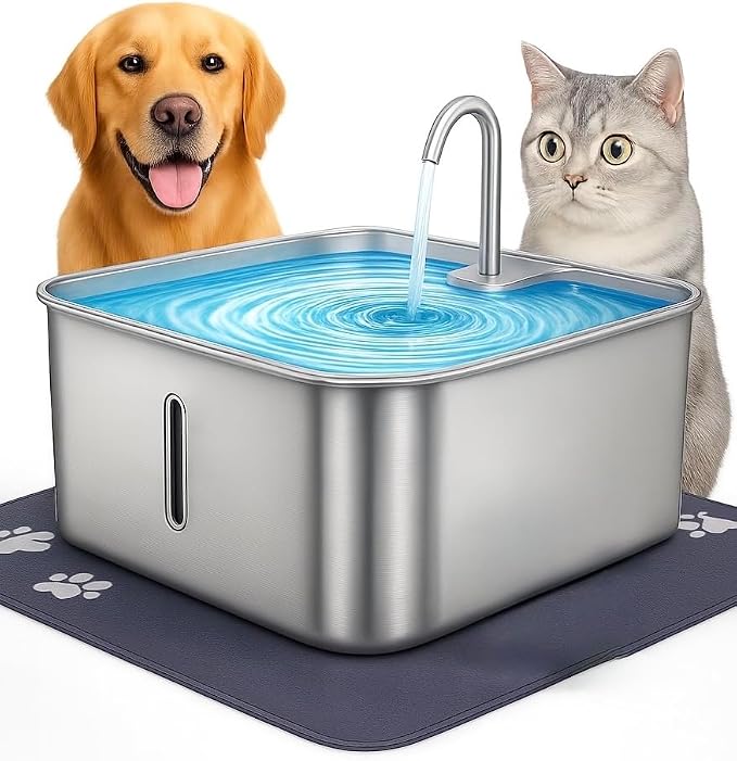 Stainless Steel Cat Water Fountain 7L with Waterproof Mat – Large Dog & Multi-Pet Automatic Drinking Fountain, Quiet Pump, 3-Stage Filtration & LED Water Window