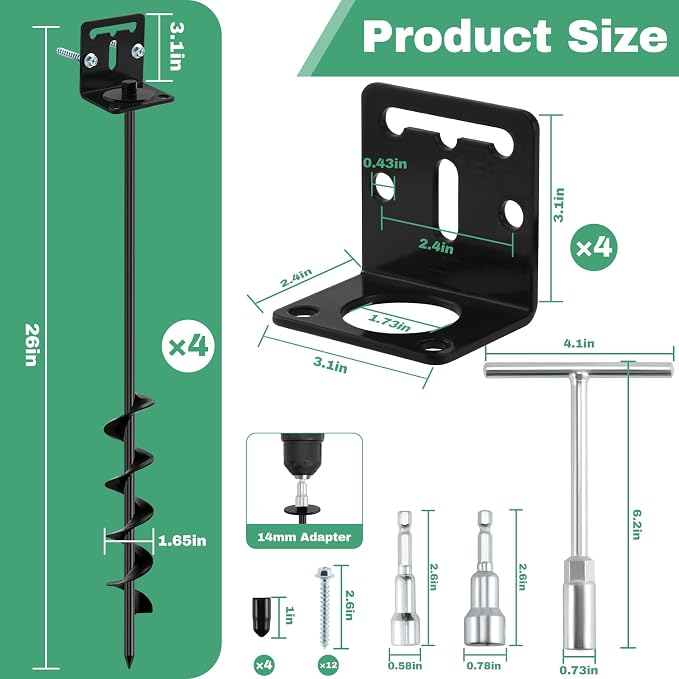 26" Ground Anchors Screw in Heavy Duty, Mobile Home Anchors - Shed Anchor Kit with L Bracket & Drill Adapter, Earth Anchor for Swing Sets, Trampolines, Carports, Storage Sheds, Fences (4×26in)