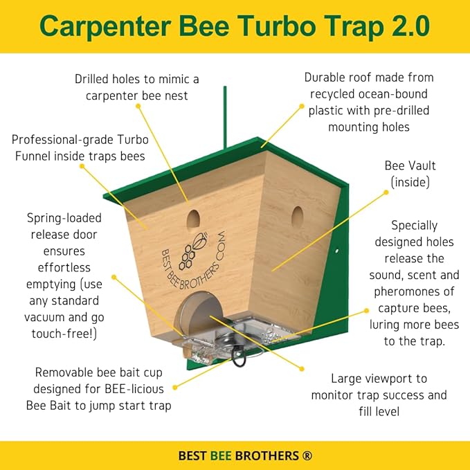 Best Bee Brothers Turbo Trap 2.0, Professional-Grade Carpenter Bee Trap for Outside with Bee Vault, Large Viewport & Spring-Loaded Door, 4.1” W x 4.8” H x 5.9” D (2 Pack)