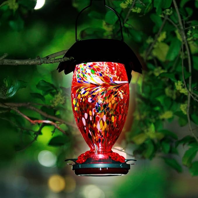 Solar Hummingbird Feeder for Outdoors Hanging Colorful Lighting 32 Oz Hand Blown Glass Hummingbird Feeder for Garden Decoration with Accessories (Red)