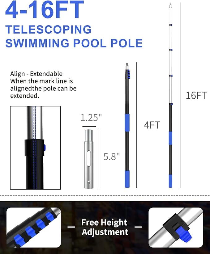 Swimming Pool Pole, Upgraded 16FT Professional Telescopic Extendable Pool Pole Aluminium Heavy Duty, Adjustable Length 4 to 16 Feet, Universal Pole for Skimmer Nets, Brushes and Vacuum Heads