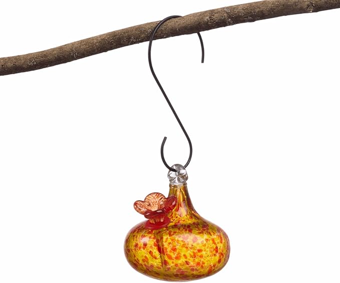 Red Carpet Studios Hummingbird Feeder Hand-Blown Art Glass Hanging Birdfeeder with Red Flower Feeding Port, 5.5" Teardrop Yellow