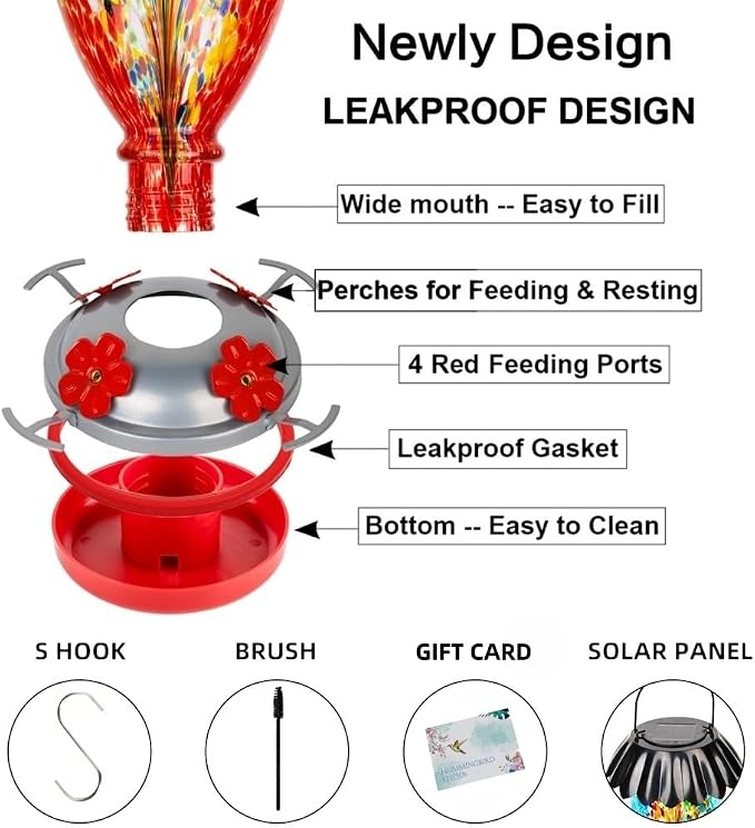 Solar Hummingbird Feeder for Outdoors Hanging Colorful Lighting 32 Oz Hand Blown Glass Hummingbird Feeder for Garden Decoration with Accessories (Firework)