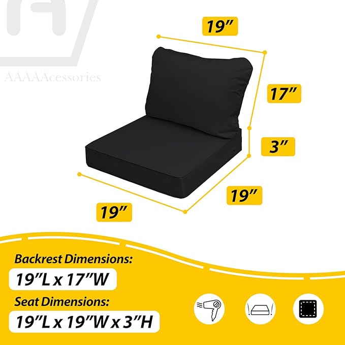 AAAAAcessories Outdoor Seat Cushions for Chairs, Fade-Resistant, Waterproof Patio Furniture Replacement Cushions, 19" x 19" x 3" + 19" x 17", Charcoal Black